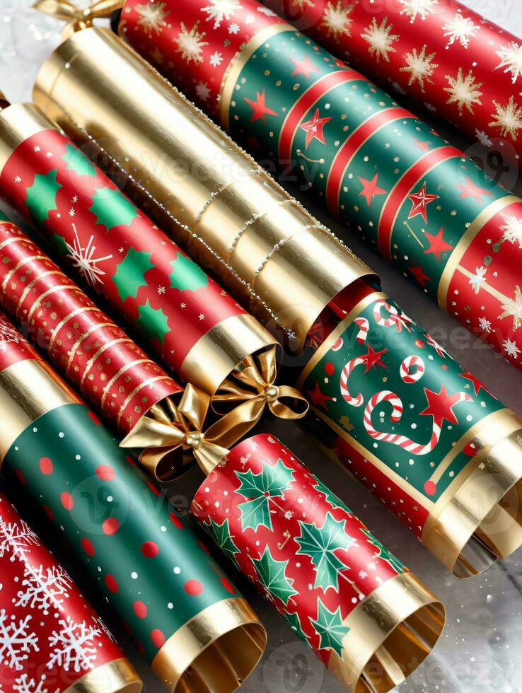 Photo Of Christmas Christmas Crackers With Festive Patterns. AI Generated