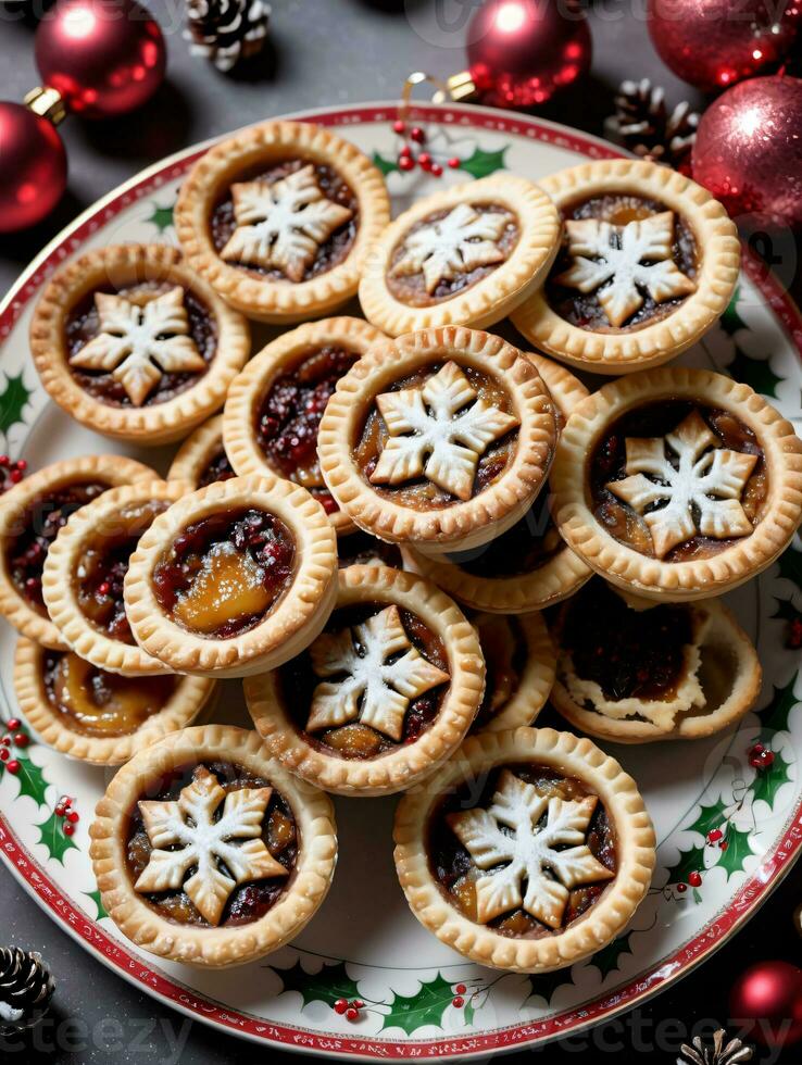 Photo Of Christmas Mince Pies On A Festive Plate. AI Generated