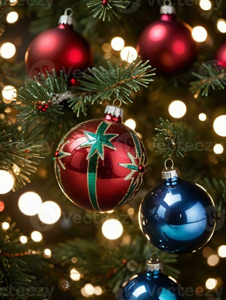 Photo Of Christmas Ornaments Reflecting Twinkling Lights. AI Generated