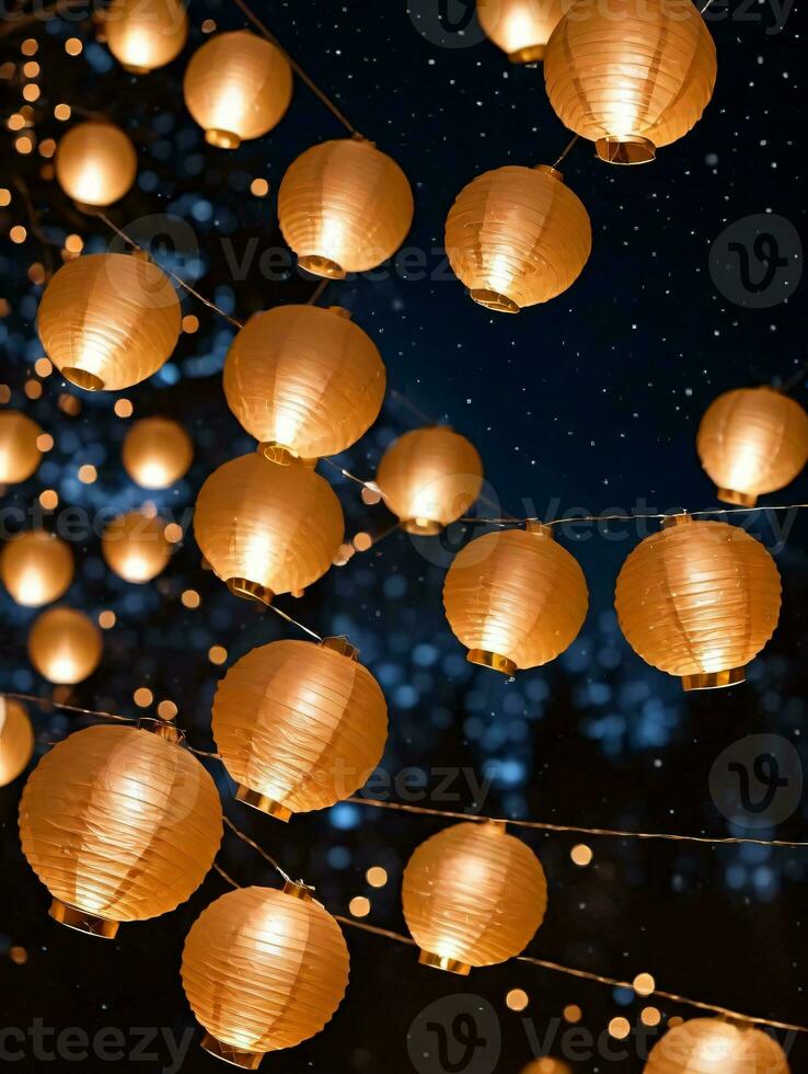 Photo Of Christmas Glowing Paper Lanterns In The Night. AI Generated