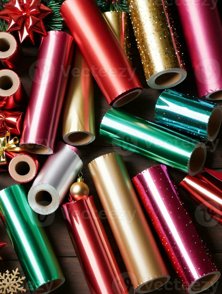 Photo Of Christmas Shiny Wrapping Paper Rolls. AI Generated