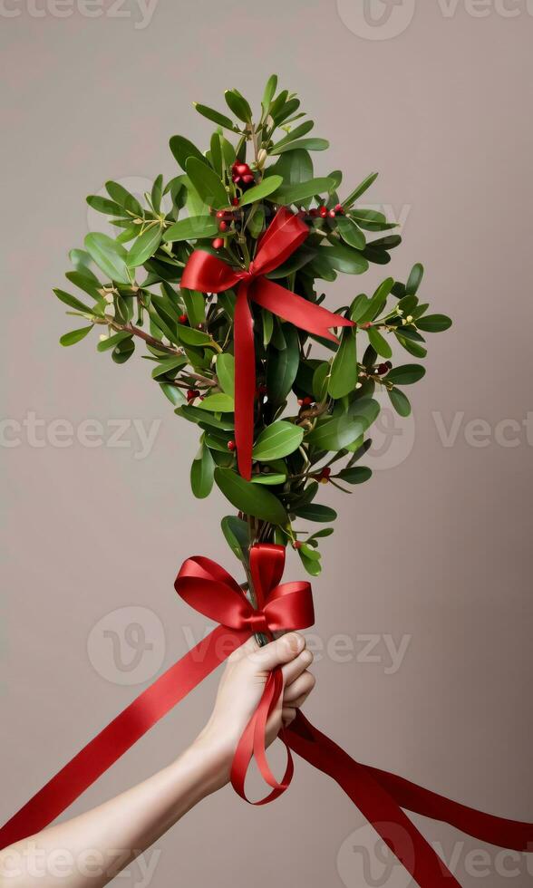 Photo Of Christmas Red Ribbon Tying A Bunch Of Mistletoe. AI Generated
