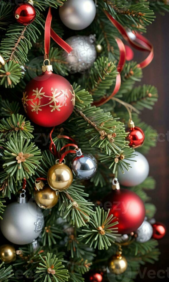 Photo Of Christmas Pine Tree Branches Decorated With Jingle Bells. AI Generated