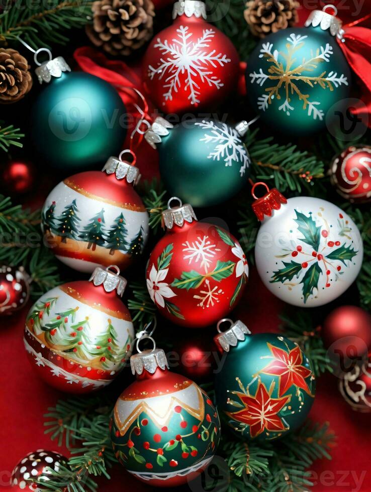 Photo Of Christmas HandPainted Christmas Baubles. AI Generated 31220338