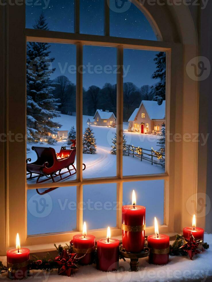 Photo Of Christmas Sleigh Tracks Leading To A Candlelit Window. AI Generated