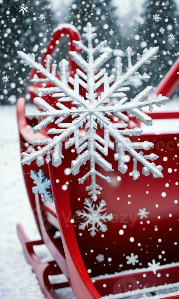 Photo Of Christmas Snowflakes Falling On A Sleigh. AI Generated