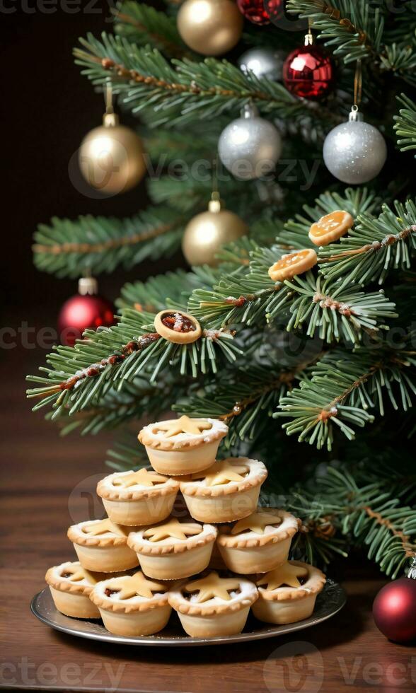 foto de Navidad pino árbol adornado con desmenuzar empanadas ai generado