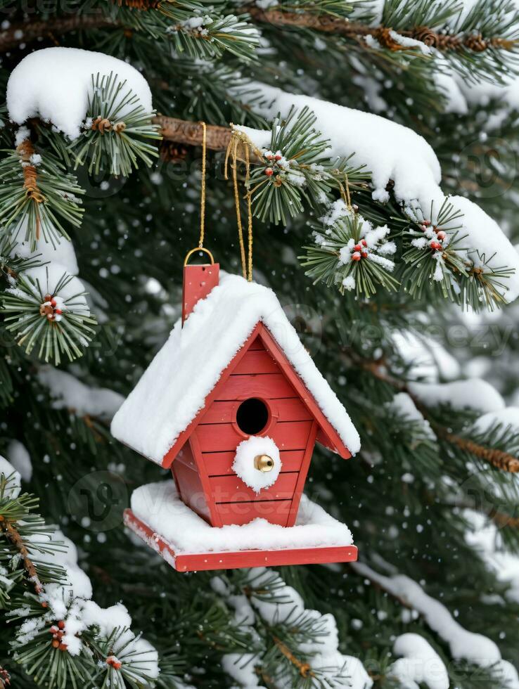 Photo Of Christmas SnowCovered Birdhouse On A Pine Tree. AI Generated