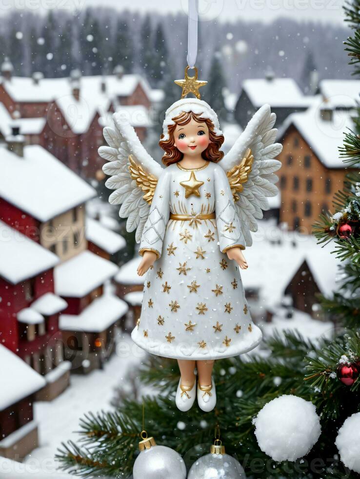 Photo Of Christmas Angel Ornament Looking Over A Snowy Village. AI Generated