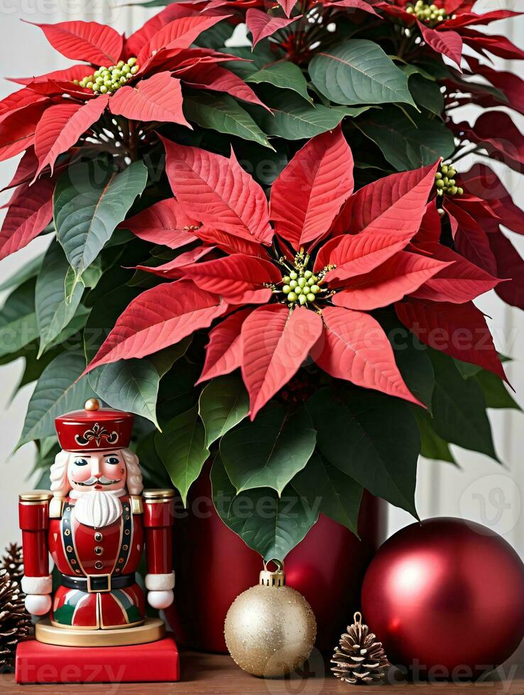 foto de Navidad flor de pascua planta siguiente a un cascanueces. ai generado