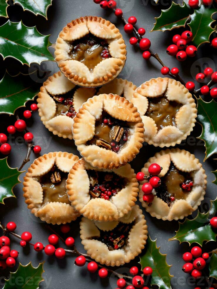 Photo Of Christmas Mince Pies Surrounded By Holly Leaves. AI Generated