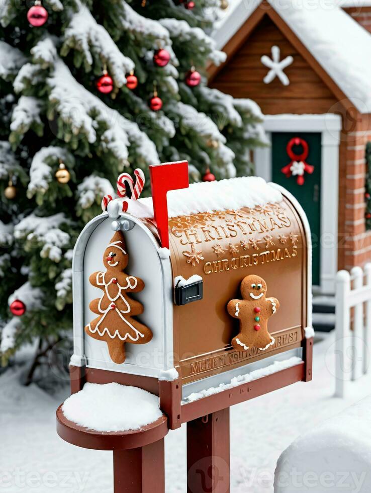 foto de Navidad nevado buzón lleno con pan de jengibre galletas. ai generado