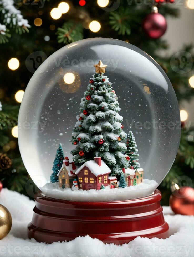 Photo Of Christmas Snow Globe With A Christmas Tree Inside. AI Generated