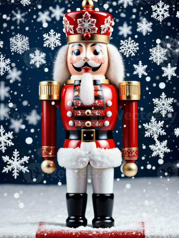Photo Of Christmas Snowflakes Falling On A Nutcracker. AI Generated