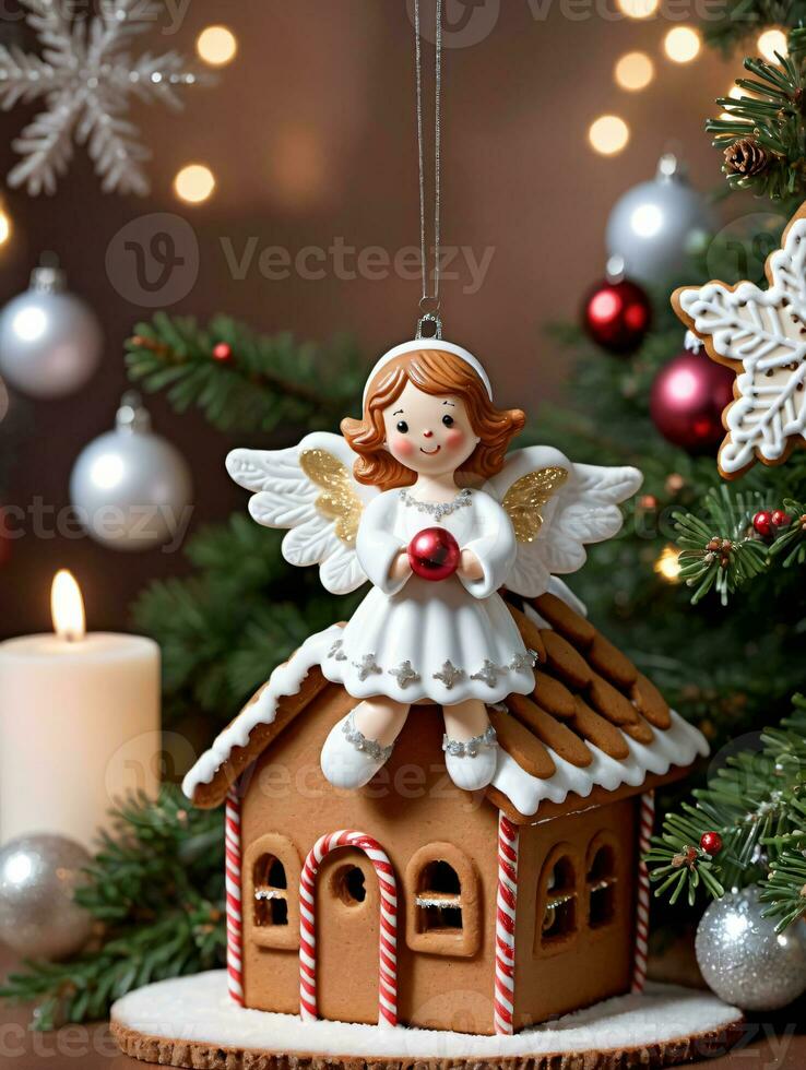 Photo Of Christmas Angel Ornament Next To A Gingerbread House. AI Generated