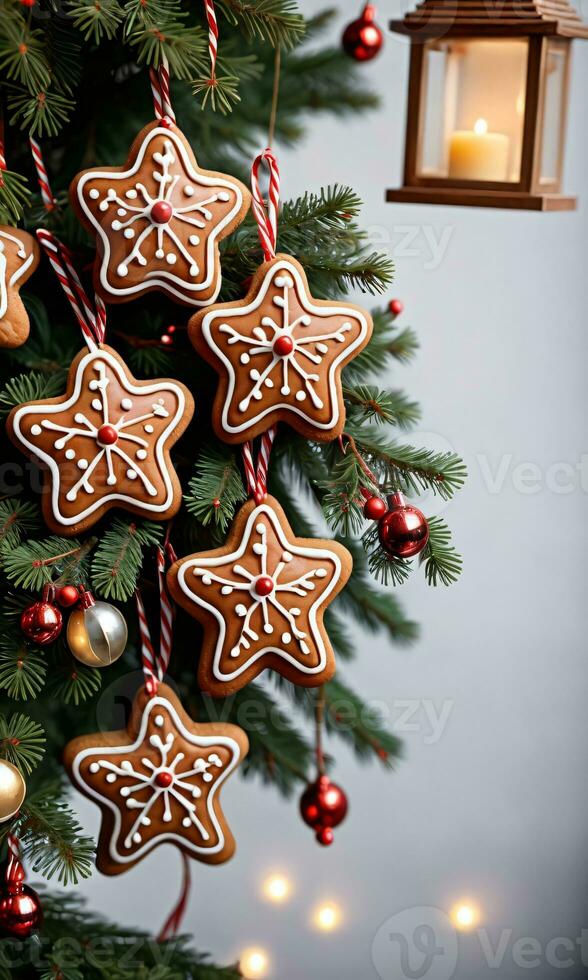 Photo Of Christmas Gingerbread Cookies Hanging From A Tree Adorned With Mistletoe And Lanterns. AI Generated