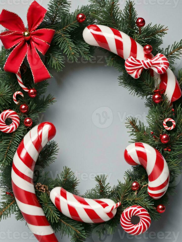 Photo Of Christmas Wreath Intertwined With Candy Cane Stripes. AI Generated