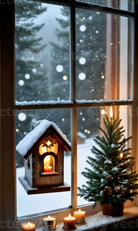 Photo Of Christmas Candlelit Window With A View Of A Snowy Birdhouse And Pine Tree. AI Generated