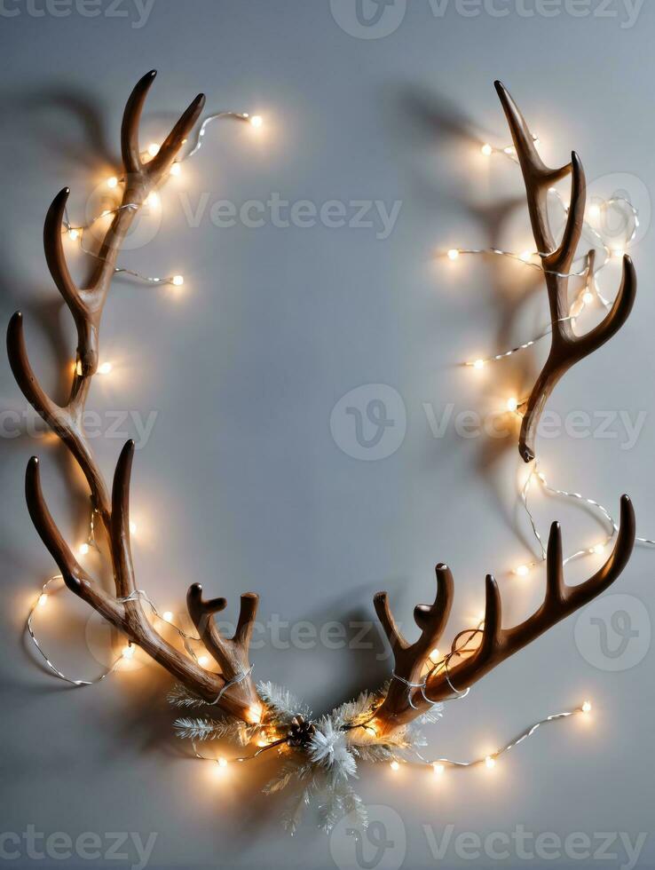 Photo Of Christmas Reindeer Antlers Wrapped With Fairy Lights. AI Generated