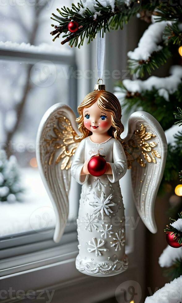 Photo Of Christmas Angel Ornament Beside A Snowy Window With Hanging Stockings. AI Generated