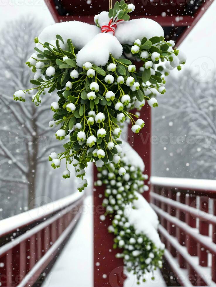 Photo Of Christmas Mistletoe Hanging From A Snowy Bridge. AI Generated