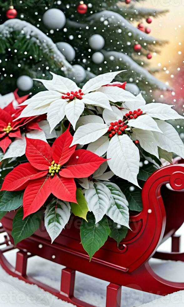 foto de Navidad copos de nieve que cae en un trineo lleno con regalos y flor de pascua plantas. ai generado