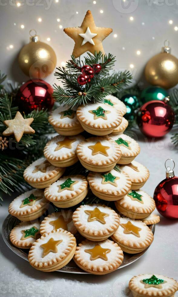 foto de Navidad pino árbol adornado con desmenuzar pasteles oropel y en forma de estrella galletas. ai generado