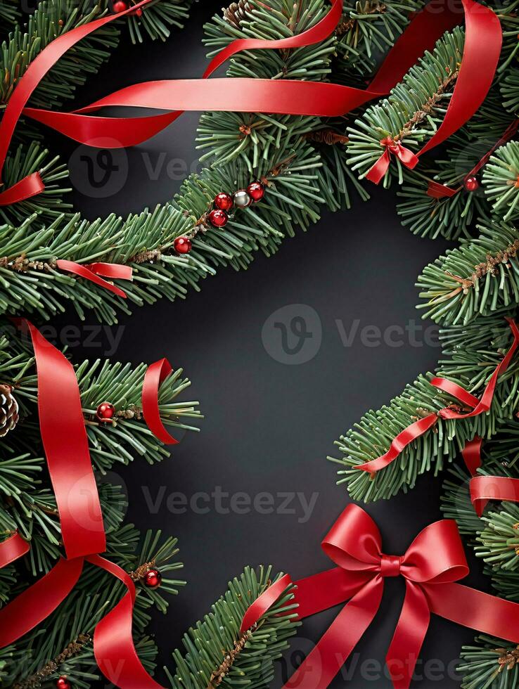 Photo Of Christmas Pine Tree Branches Draped With Red Ribbons. AI Generated