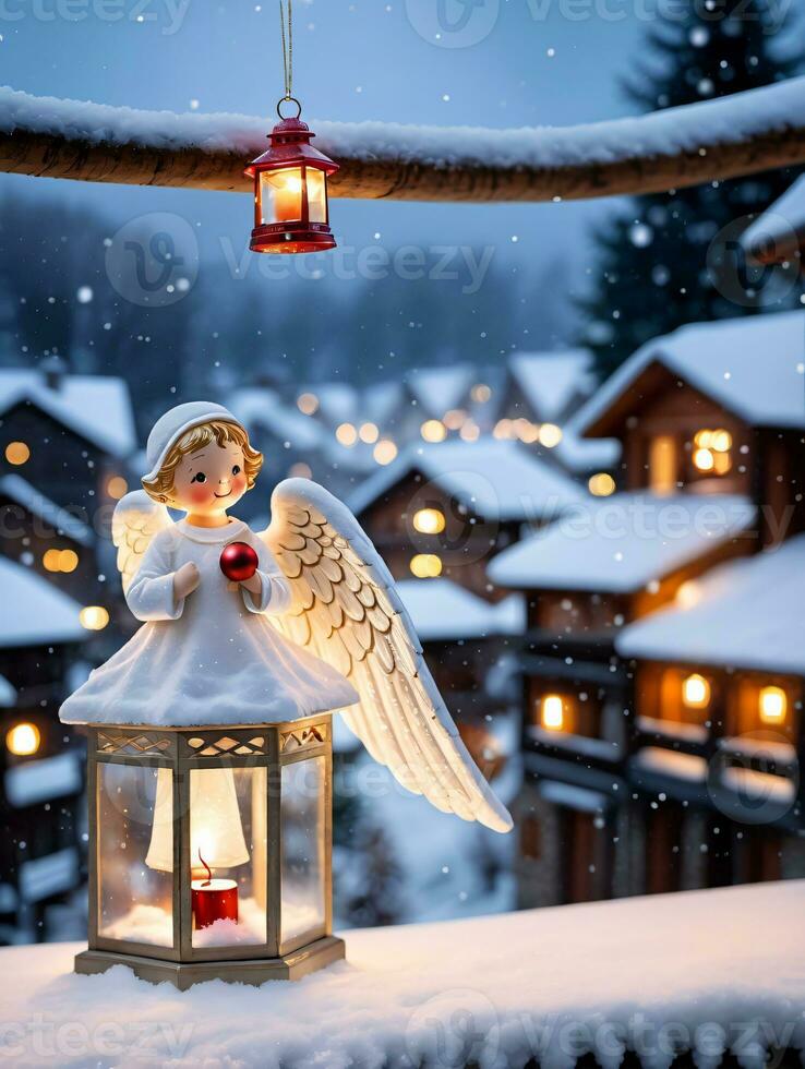 foto de Navidad ángel ornamento con vista a un Nevado pueblo con un iluminado linterna. ai generado