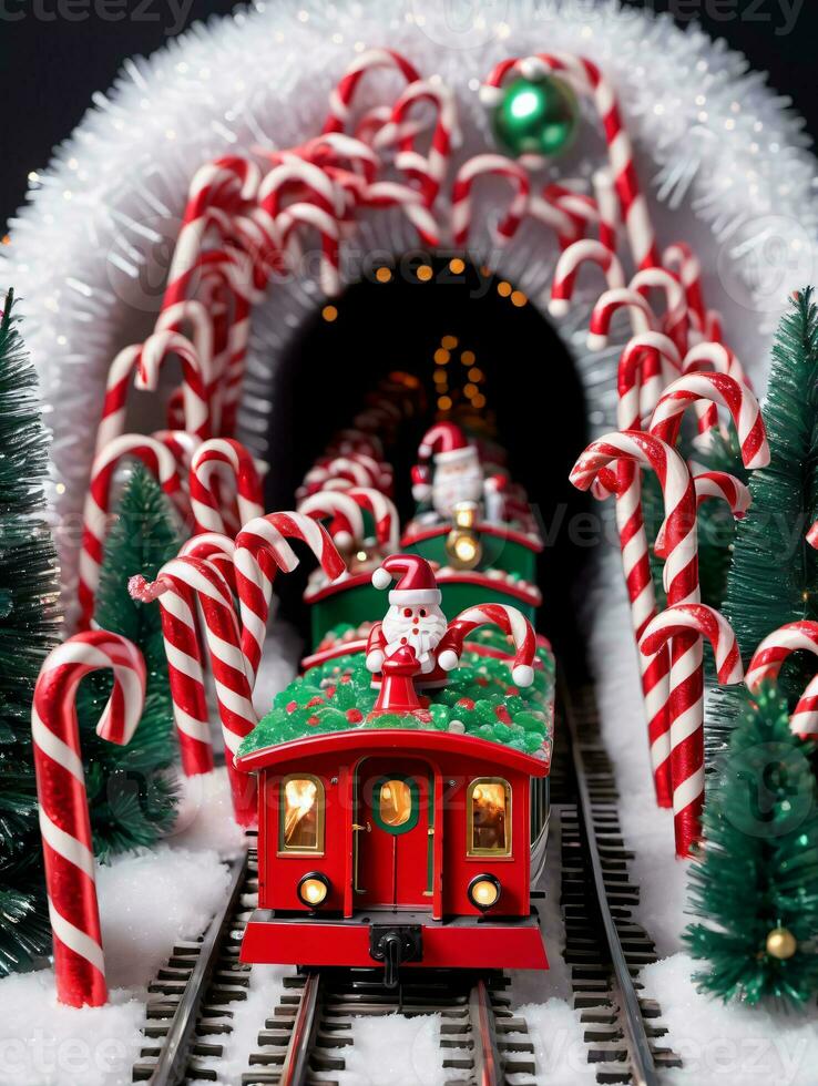 Photo Of Christmas Toy Train Carrying Candy Canes Through A Tunnel Of Tinsel. AI Generated