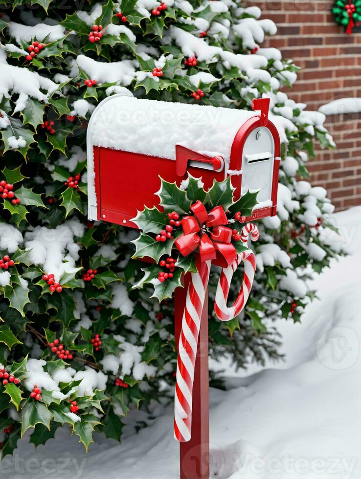 Photo Of Christmas SnowCovered Mailbox Filled With Candy Canes And Holly Leaves. AI Generated