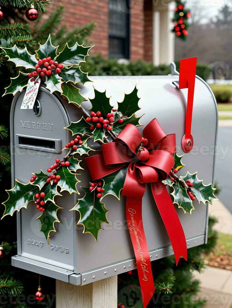 Photo Of Christmas Holly Branches Decorating A Mailbox Filled With Christmas Cards And Ribbons. AI Generated