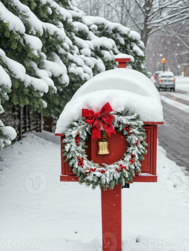 Photo Of Christmas SnowCovered Mailbox With A Wreath On Top And Jingle Bells. AI Generated