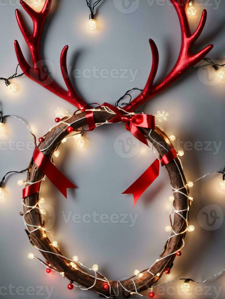 Photo Of Christmas Reindeer Antlers Wrapped With Fairy Lights And Red Ribbons. AI Generated