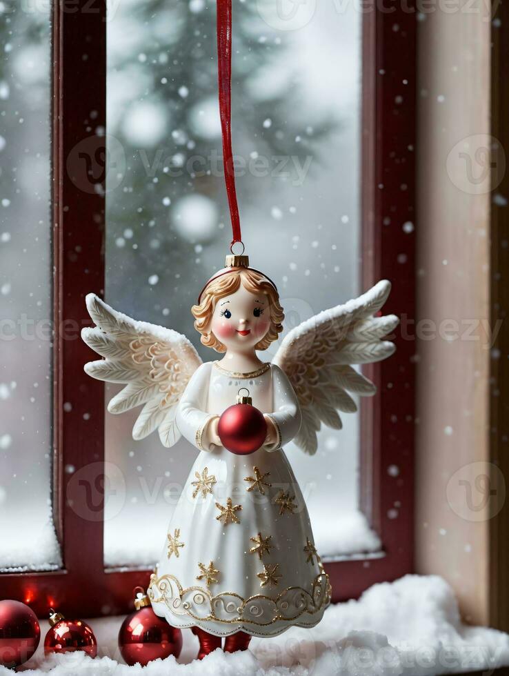 Photo Of Christmas Angel Ornament Beside A Snowy Window With Hanging Stockings. AI Generated