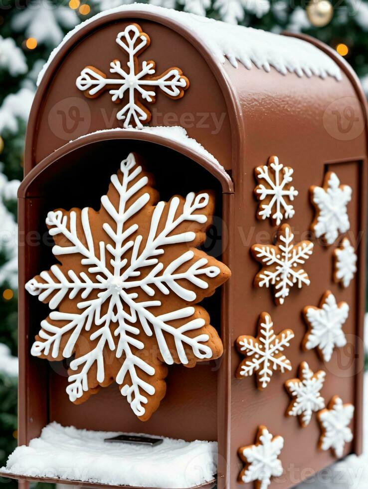 Photo Of Christmas Snowflakes Adorning A Mailbox Filled With Gingerbread Cookies. AI Generated