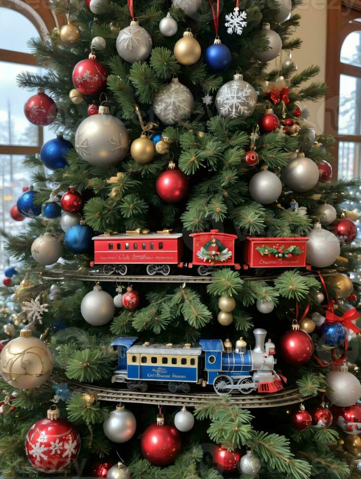 Photo Of Christmas Pine Tree Adorned With Toy Trains Baubles And Snowflakes. AI Generated