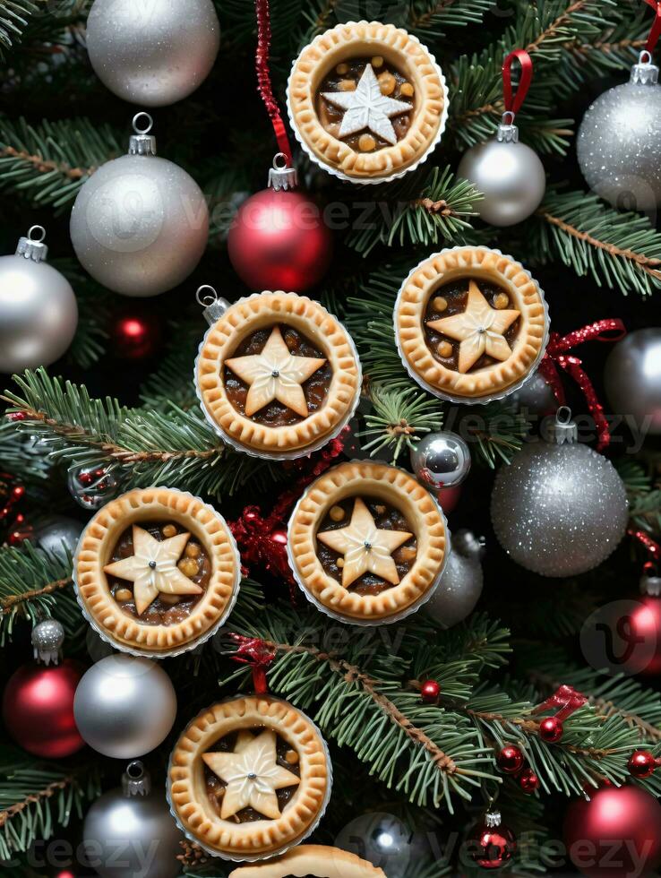 foto de Navidad pino árbol adornado con desmenuzar pasteles vaso adornos y oropel. ai generado