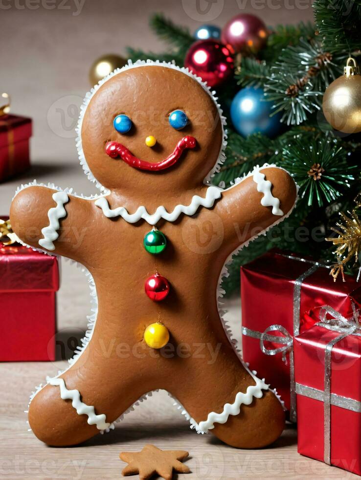 Photo Of Christmas Gingerbread Man Standing Next To A Pile Of Gifts Wrapped In Tinsel. AI Generated