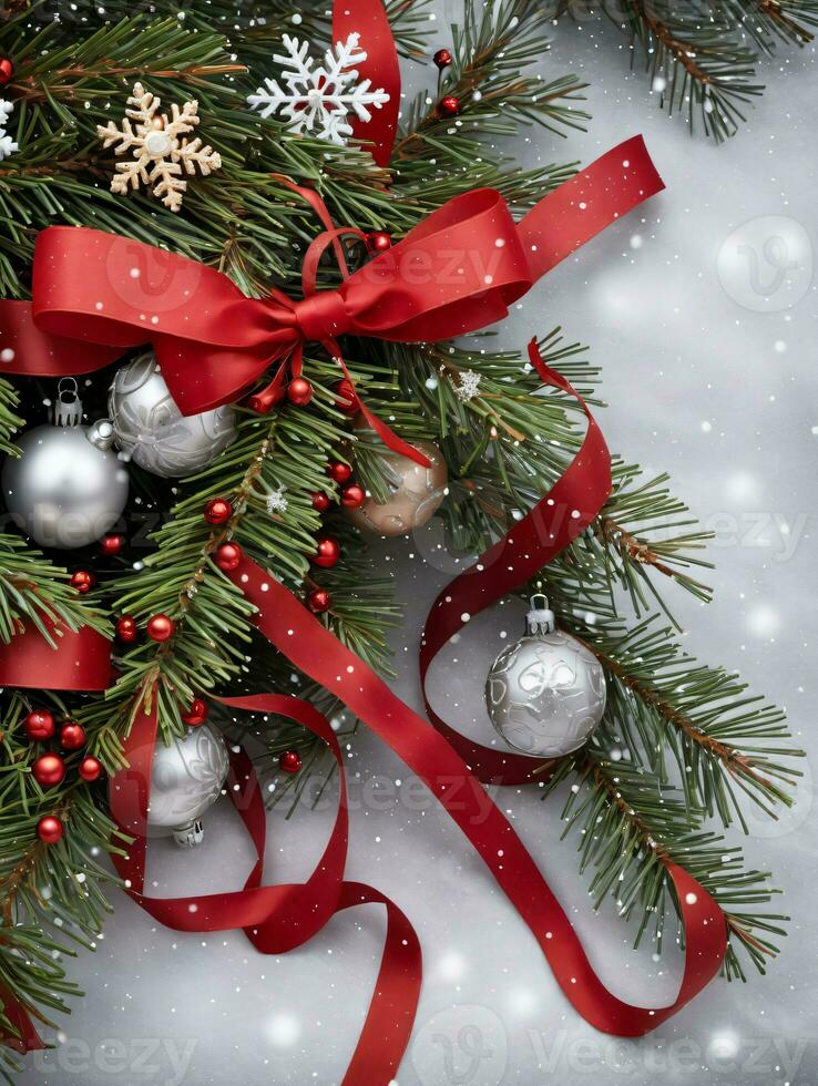 Photo Of Christmas Pine Tree Branches Draped With Red Ribbons Snowflakes And Jingle Bells. AI Generated
