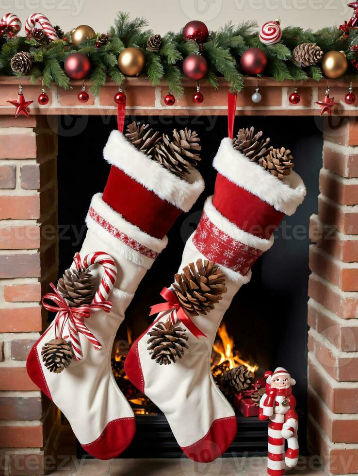 Photo Of Christmas Stockings Filled With Pinecones Glass Ornaments And Candy Canes. AI Generated