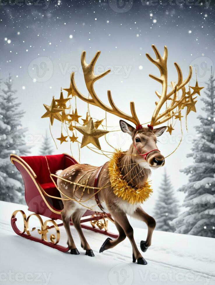 Photo Of Christmas Reindeer Pulling A Sleigh Filled With Golden Stars And Tinsel. AI Generated