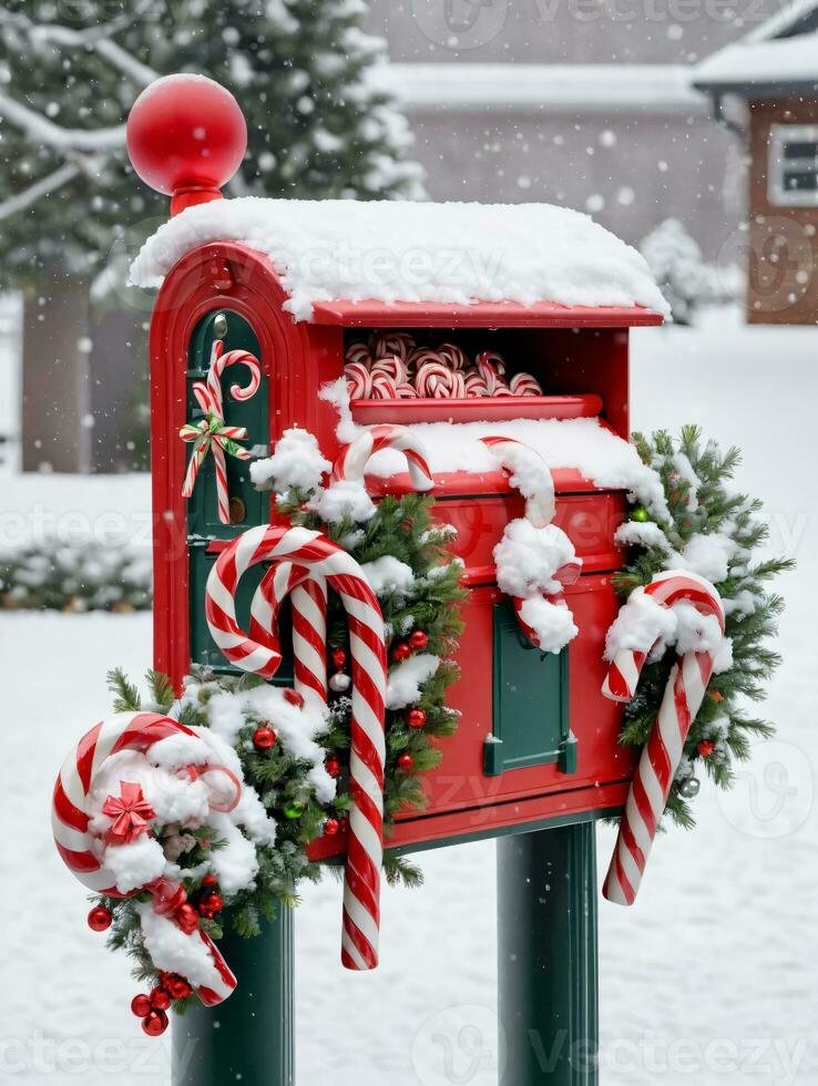 Photo Of Christmas SnowCovered Mailbox Filled With Candy Canes And Glass Ornaments. AI Generated