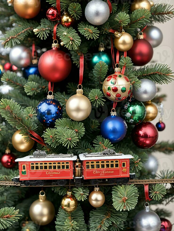 Photo Of Christmas Pine Tree Adorned With Toy Trains Baubles And Jingle Bells. AI Generated