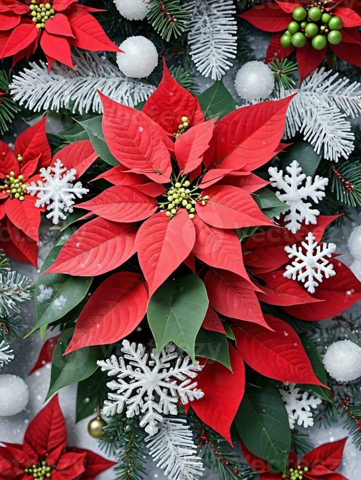 foto de Navidad flor de pascua planta rodeado por copos de nieve y muérdago. ai generado