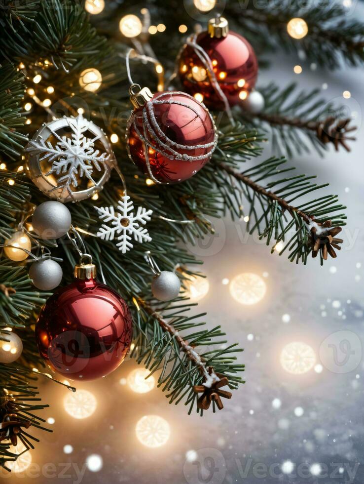 Photo Of Christmas Pine Tree Branches Draped With Jingle Bells Fairy Lights And Snowflakes. AI Generated