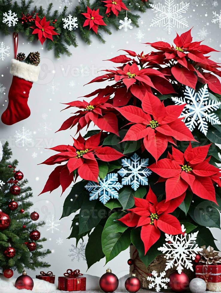 foto de Navidad flor de pascua planta rodeado por copos de nieve y colgando medias ai generado