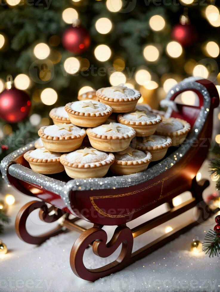 Photo Of Christmas Sleigh Filled With Mince Pies And Surrounded By Twinkling Lights. AI Generated