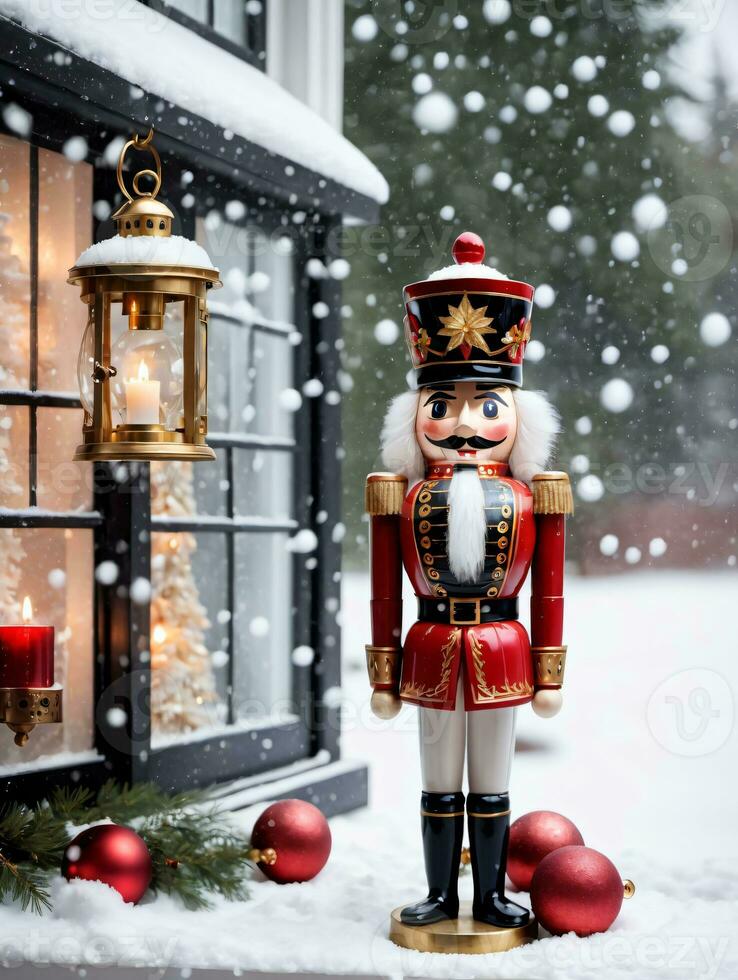 Photo Of Christmas Nutcracker Holding A Lantern Beside A Snowy Window. AI Generated
