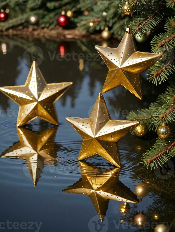 Photo Of Christmas Golden Star Reflecting On A Pond With Floating Ornaments. AI Generated